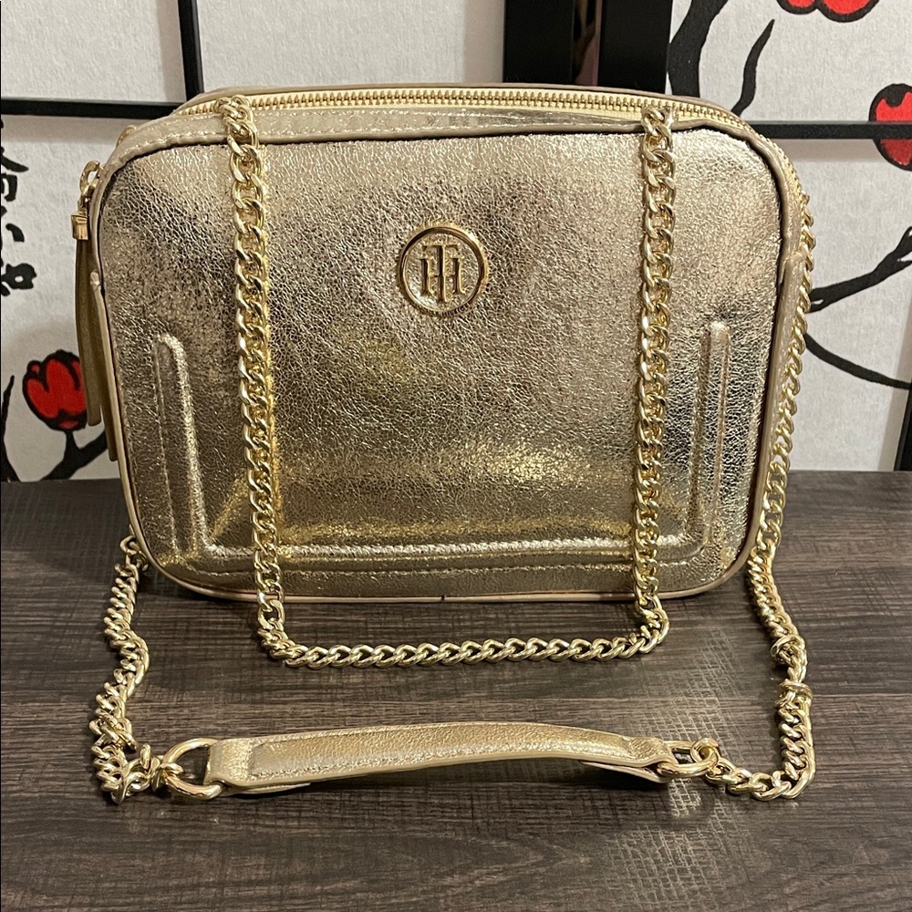 Tommy Hilfiger Metallic Gold Crossbody Bag with Chain Strap